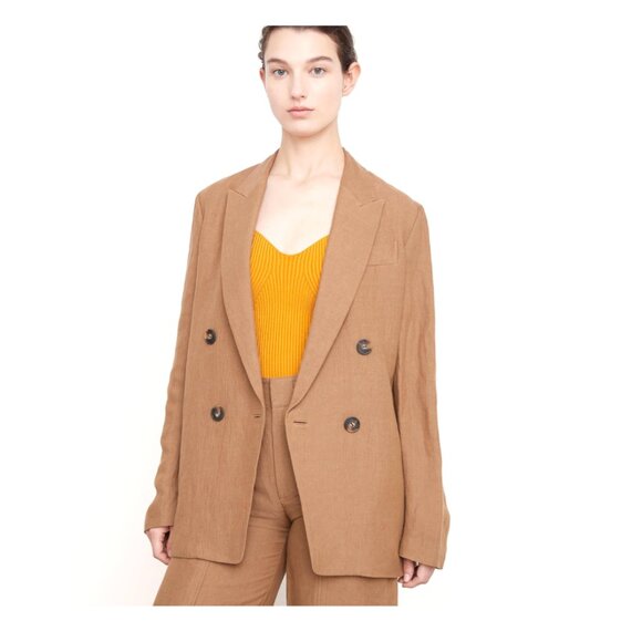 VINCE Tan Textured Double-Breasted Crepe Boyfriend Blazer 8 - Picture 2 of 8